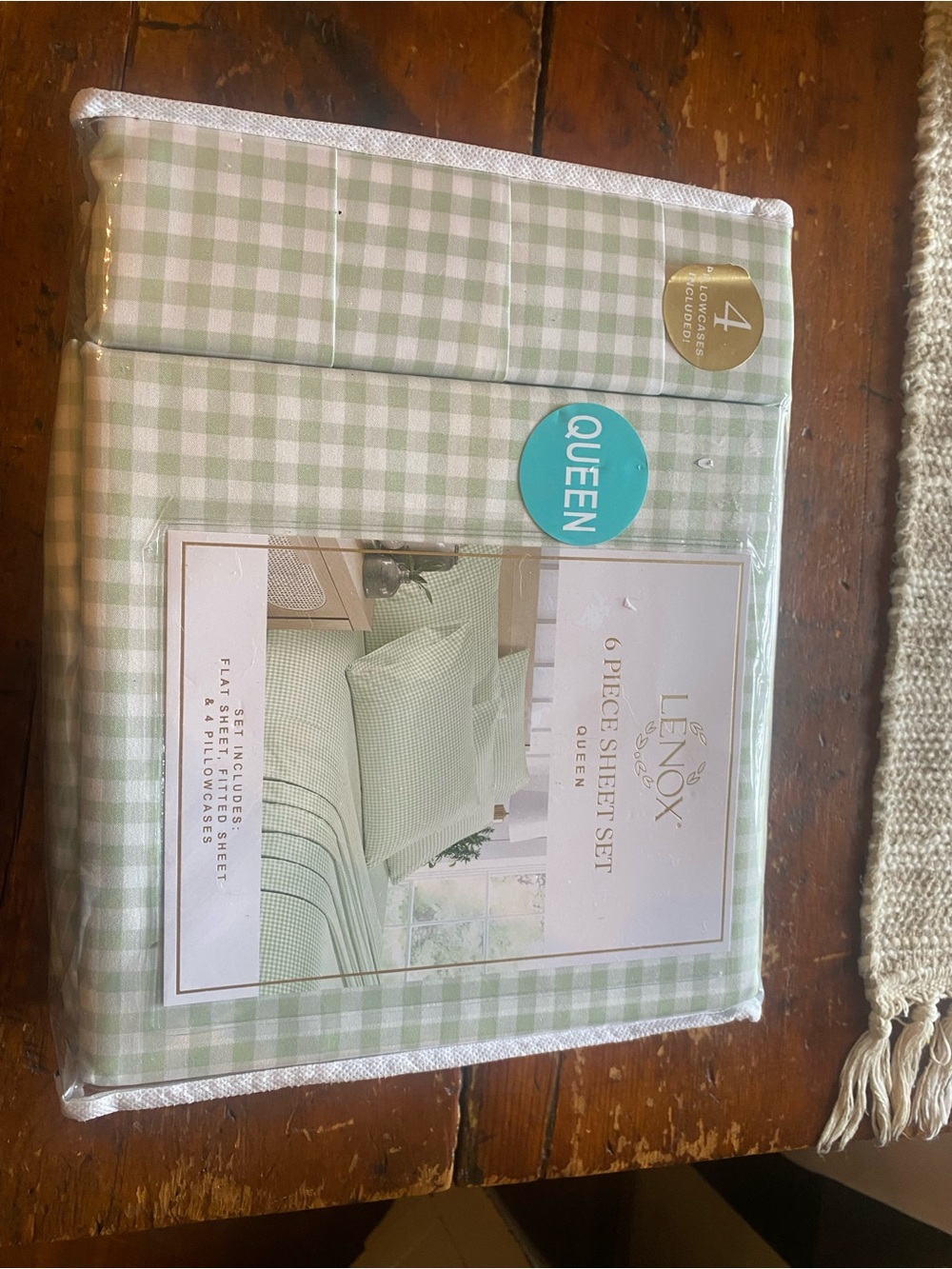 Lenox Light Green Gingham 6-Piece Queen Sheet Set